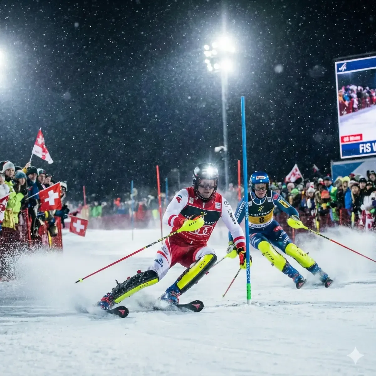 Beleuchtetes Branding bei Nacht-Skirennen mit LED-Werbeflächen